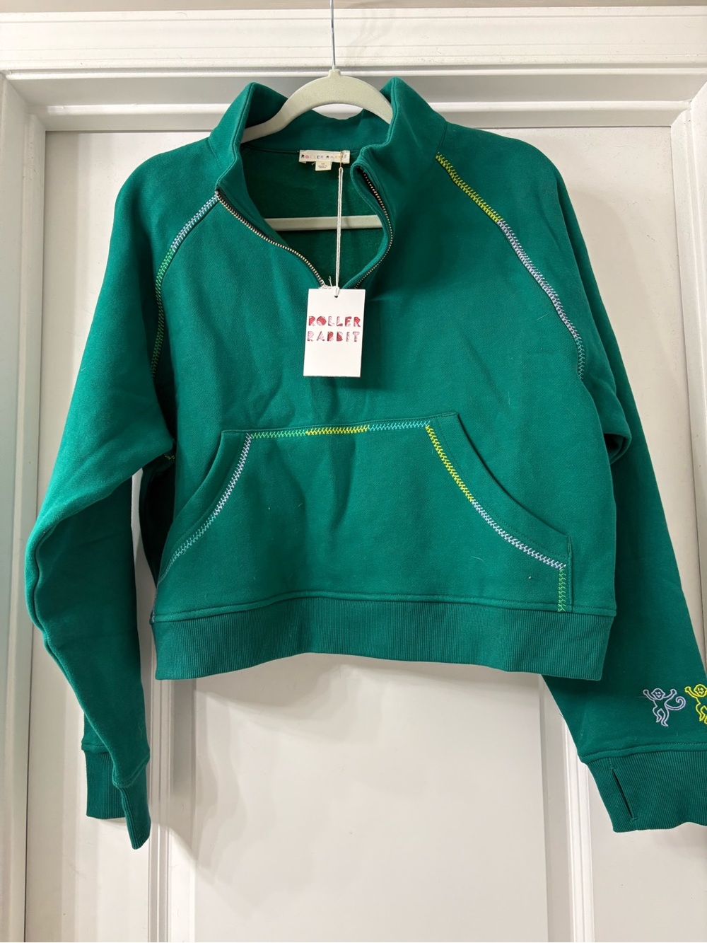 Roller Rabbit emerald green monkey embroidered Crewneck Pullover